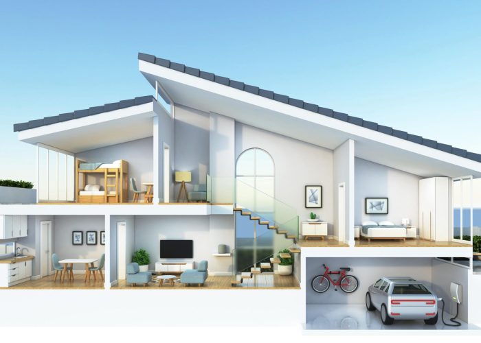 Modern home cross section, 3d rendering