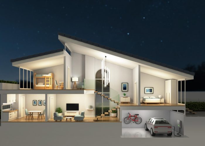 Modern home cross section, night scene, 3d rendering
